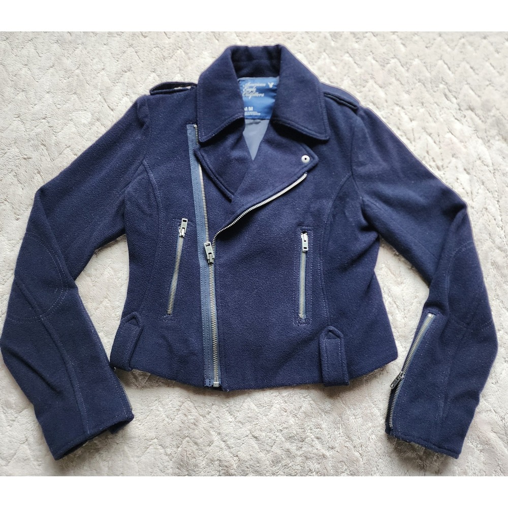 American Eagle Outfitters Navy Blue Wool Blend Moto Jacket Size Medium